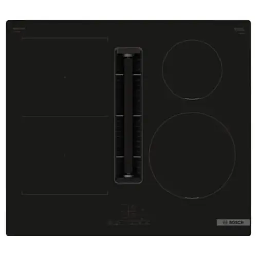 Plita incorporabila Bosch PVS611B16E, Inductie, 4 zone de gatit, Hota incorporata, Putere de absorbtie 622 mc/h, Touch control, CombiZone, QuickStart, 60 cm (Negru)