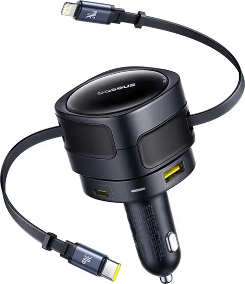 Incarcator auto Baseus Enjoyment Max, Quick Charge 90W, 2x USB-C, Cablu Lightning integrat (Negru)