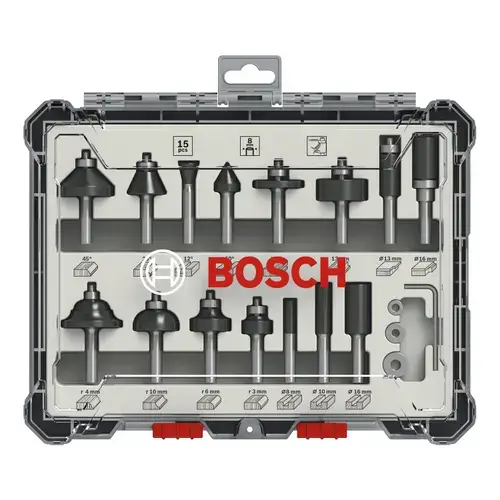 Set de inserturi de freza mixt, Bosch, 15 piese, Tija, 8 mm, Negru/Argintiu