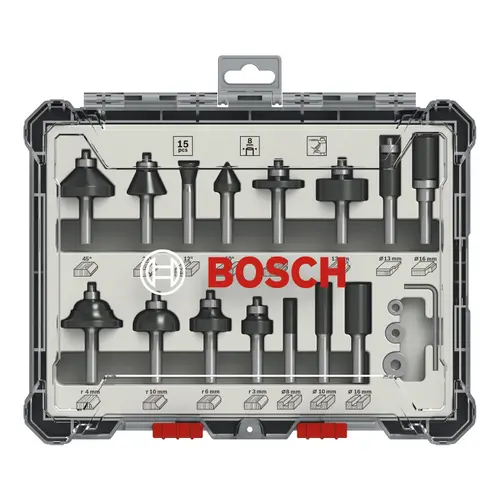 Set de inserturi de freza mixt, Bosch, 15 piese, Tija, 8 mm, Negru/Argintiu