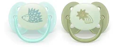 Set 2 suzete Philips Avent SCF094/01,Ultra soft ​Nighttime 0-6 luni,fosforescent, 2 buc , (Verde/Albastru)