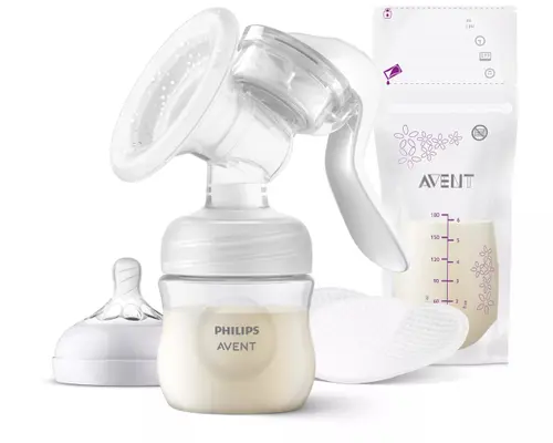 Pompa de san manuala Philips Avent SCF430/20, Tehnologie Natural Motion pentru un debit rapid de lapte, biberon 0+ luni de 125 ml, tampoane de san