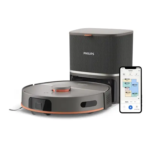 Aspirator robot cu mop Philips HomeRun Seria 5000 XU5100/10, Autonomie 200 minute, 67 W, Navigare LDS, Wi-Fi, Recipient praf 0.26 l, Statie de andocare (Gri)