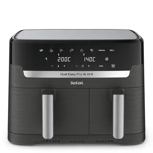 Friteuza dubla cu aer cald Tefal Dual Easy Fry & Grill air fryer EY905B10, 2700 W, 8.3 L, functie grill, 8 programe, Tehnologie Extra-Crisp, Temperatura reglabila 40-200°C, Display LCD (Gri)