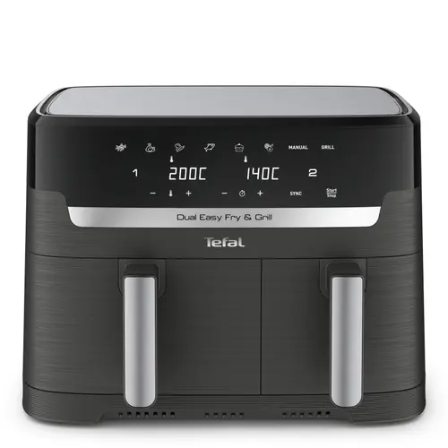 Friteuza dubla cu aer cald Tefal Dual Easy Fry & Grill air fryer EY905B10, 2700 W, 8.3 L, functie grill, 8 programe, Tehnologie Extra-Crisp, Temperatura reglabila 40-200°C, Display LCD (Gri)