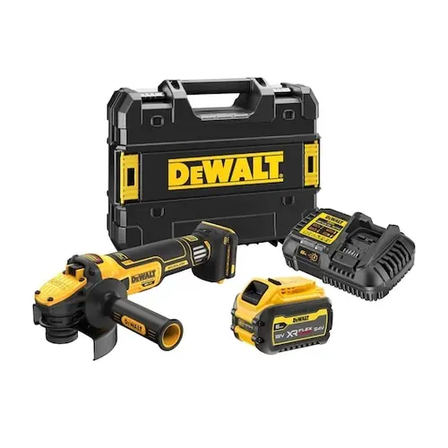 Polizor unghiular (flex) pe acumulator DeWALT DCG409VST1, 18V XR, brushless, turatie variabila 9000 RPM, diametru disc 125 mm, 1x acumulator Li-Ion 6 Ah FLEXVOLT, frana electronica, ambreiaj electronic, M14, profil ingust, TSTAK, incarcator rapid