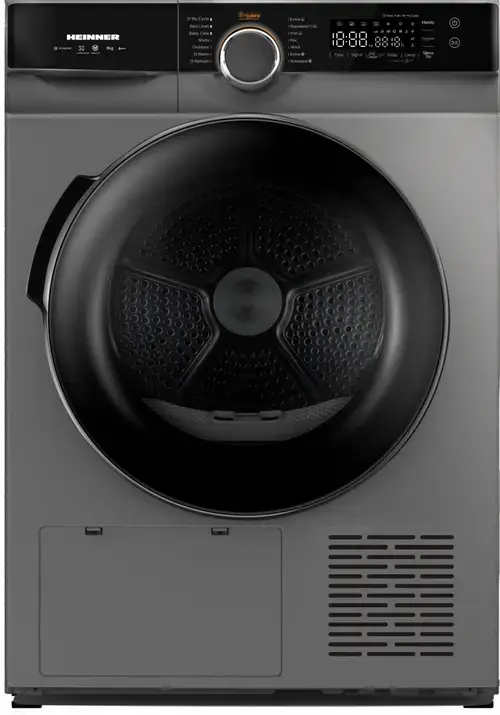 Uscator de rufe cu pompa de caldura HEINNER HHPD-M9K3SA+++, 9 kg, Clasa A+++, 14 programe, Motor inverter, Control tactil, Lumina cuva (Argintiu)
