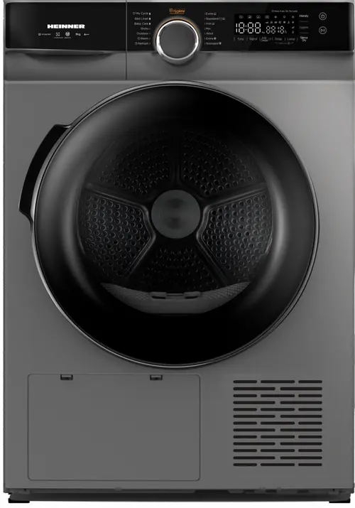 Uscator de rufe cu pompa de caldura HEINNER HHPD-M9K3SA+++, 9 kg, Clasa A+++, 14 programe, Motor inverter, Control tactil, Lumina cuva (Argintiu)