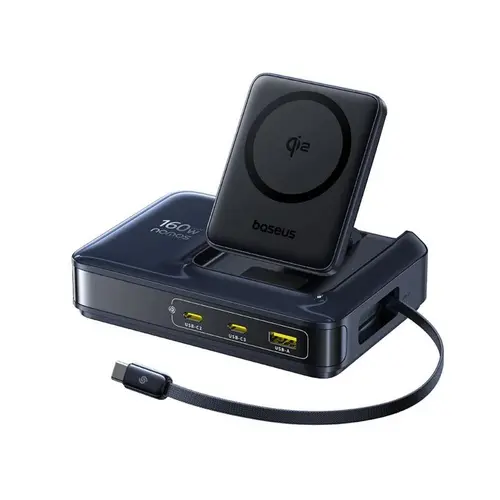 Incarcator retea tip statie Baseus Nomos NH21 5-in-1, 160W, Qi2 Wireless, 1 x USB, 3 x USB Type-C, cablu retractabil USB Type-C (Negru)
