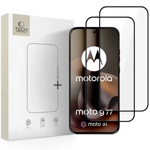 Folie de protectie Ecran Tech-Protect FIT+ pentru Motorola Moto G77 / Moto G67, Sticla Securizata, Full Glue, Set 2 bucati, 2.5D, Neagra