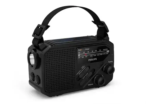 Radio portabil cu lanterna Philips TAR1609/00, Incarcare solara si manivela, USB, FM/AM, Autonomie 32 ore, 1 W (Negru)
