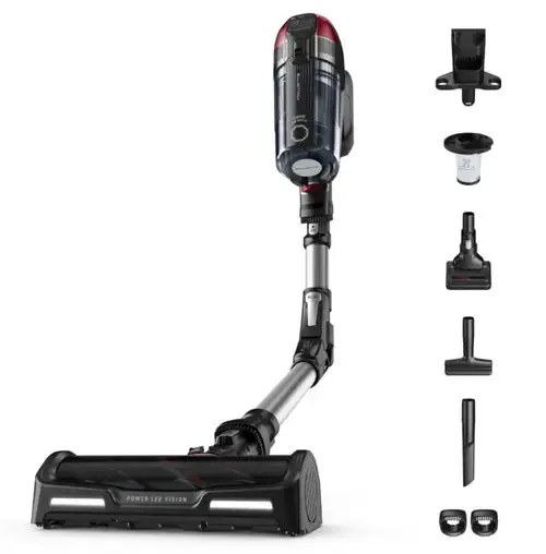 Aspirator vertical Rowenta X-Force Flex 12.60 RH98A7WO, 320W, 25.2V, capacitate praf 0.9L, autonomie 45 minute, perie animal turbo, Gri/Rosu