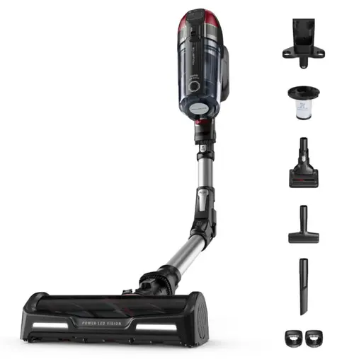 Aspirator vertical Rowenta X-Force Flex 12.60 RH98A7WO, 320W, 25.2V, capacitate praf 0.9L, autonomie 45 minute, perie animal turbo, Gri/Rosu