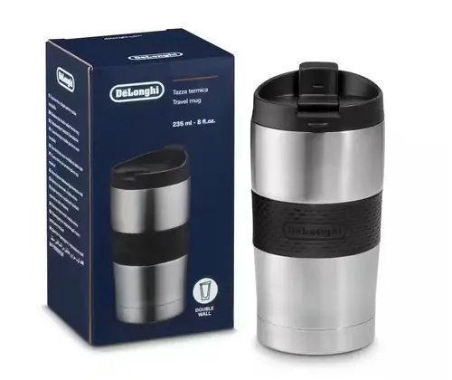 Cana termica pentru calatorie De'Longhi DLSC074, perete dublu, 300 ml (Inox/Negru)