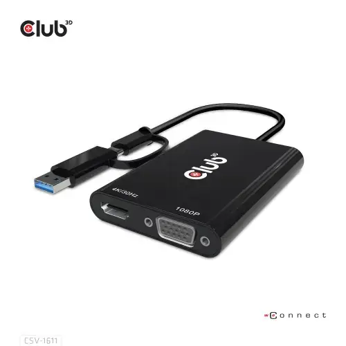Splitter video Club3D CSV-1611, USB C/A, Dual HDMI 4K 30Hz, VGA 1080 60 Hz (Negru)
