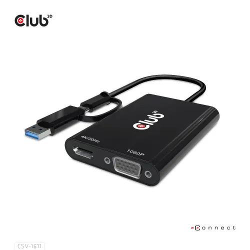 Splitter video Club3D CSV-1611, USB C/A, Dual HDMI 4K 30Hz, VGA 1080 60 Hz (Negru)