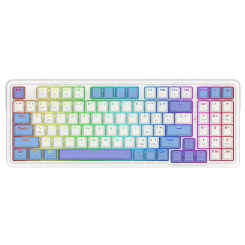 Tastatura Gaming Mecanica Redragon Gloria Pro, iluminare RGB, Switch portocalii, Cu fir si Wireless, Bluetooth (Alb/Albastru)