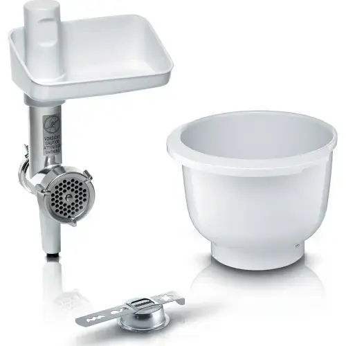 Set de accesorii pentru robotii de bucatarie MUM5 si MUM 4 Bosch MUZ5BS1, masina de tocat , bol de plastic, accesoriu 4 tipuri de patiserie (Alb)