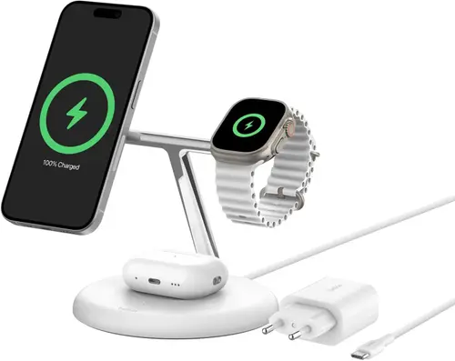 Incarcator Wireless Belkin BOOST CHARGE 3-in-1 Magnetic, Stand, Qi2 15W (Alb)