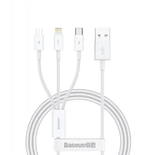 Cablu de date si incarcare Baseus Superior Series, USB-A - Lightning / microUSB / USB-C, 20W, 0.5m (Alb)