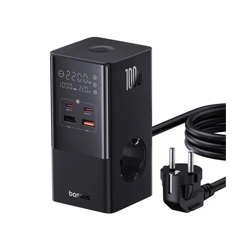 Incarcator retea Baseus PowerCombo, cu prelungitor, 100W, 2x AC, 2x USB-C, 2x USB-A, 1.5m (Negru)