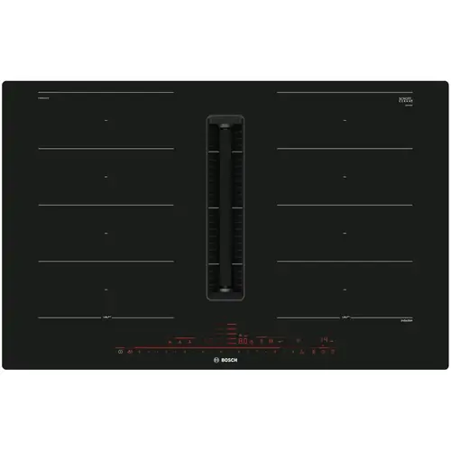 Plita incorporabila cu hota integrata Bosch PXX801D67E, Inductie, 4 zone de gatit, 2 Flex Zone, Putere de absorbire 500 mc/h, 80cm, Negru