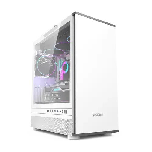 Carcasa PCCOOLER, Tower, ATX, fara sursa, sticla securizata, 1 ventilator inclus, USB 3.2 gen 1 x 1, USB 2.0 x 2, mic, audio (Alb)