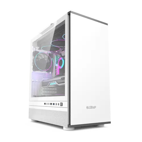 Carcasa PCCOOLER, Tower, ATX, fara sursa, sticla securizata, 1 ventilator inclus, USB 3.2 gen 1 x 1, USB 2.0 x 2, mic, audio (Alb)
