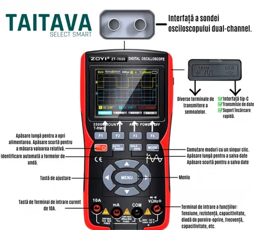 Osciloscop Multimetru digital inteligent, Portabil, Reincarcabil, Baterie Li-Ion, Type-C, CAT 2,0.01Hz-999.9kHz, 2.8-Inch Ecran TFT Color, TAITAVA ZT-702S (Rosu)