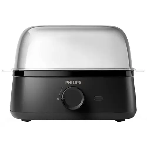 Fierbator Oua Philips HD9137/90, 400 W, 6 oua, Lumina „pornit”, Semnal „pregatit”, Pahar gradat, Accesoriu de strapuns oua, Accesoriu tava pentru oua posate (Negru)