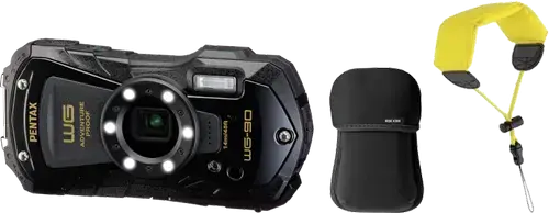Kit Aparat foto compact Pentax WG-90, 16 MP, 1920x1080@30 FPS, Zoom 5x/7.2x, Auto Focus 9 puncte, Auto tracking, Ecran LCD 2.7inch + Husa neopren si Curea plutitoare (Negru)