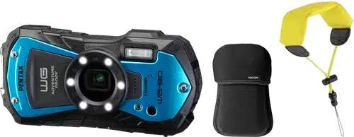 Kit Aparat foto compact Pentax WG-90, 16 MP, 1920x1080@30 FPS, Zoom 5x/7.2x, Auto Focus 9 puncte, Auto tracking, Ecran LCD 2.7inch + Husa neopren si Curea plutitoare (Albastru)