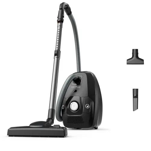 Aspirator cu sac Rowenta Green Force Max Silence RO6136EA, 900W, 70% plastic reciclat, 3 niveluri de filtrare, sac Hygiene+, lungime cablu 8.4m, recipient praf 4.5L, perie EasyBrush, indicator umplere sac (Negru/Argintiu)