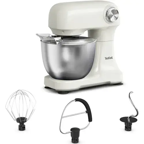 Robot de bucatarie Tefal Bake Easy QB140AF0, 500W, 12 trepte de viteza, bol 3.5L, functie Pulse, design compact, tel pentru oua, accesoriu mixat, carlig aluat, functie oprire automata (Bej)