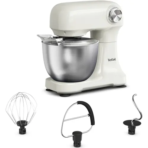 Robot de bucatarie Tefal Bake Easy QB140AF0, 500W, 12 trepte de viteza, bol 3.5L, functie Pulse, design compact, tel pentru oua, accesoriu mixat, carlig aluat, functie oprire automata (Bej)