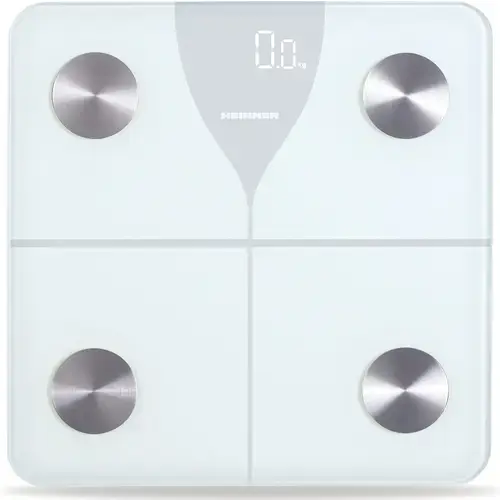 Cantar de baie inteligent Heinner HBS-BTH180WH, sticla securizata 5mm, 180kg, functie bluetooth, display led, gradare: 100g, pornire/oprire automata (Alb)