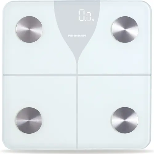 Cantar de baie inteligent Heinner HBS-BTH180WH, sticla securizata 5mm, 180kg, functie bluetooth, display led, gradare: 100g, pornire/oprire automata (Alb)