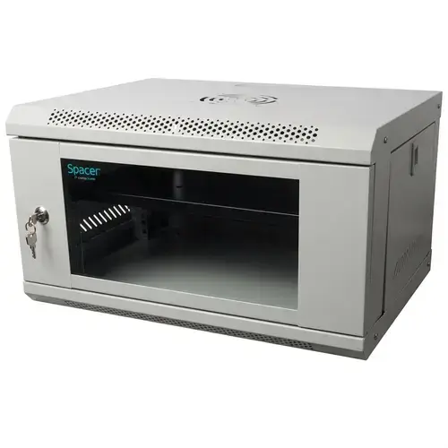 Cabinet 19″ SPACER 6U 500x400mm, fixare pe perete, Flatpack (dezasamblat), usa sticla cu blocare, panouri detasabile, otel 1mm, sarcina maxima 25Kg, contine un raft, Gri