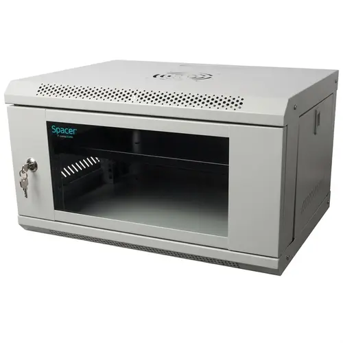 Cabinet 19″ SPACER 6U 500x400mm, fixare pe perete, Flatpack (dezasamblat), usa sticla cu blocare, panouri detasabile, otel 1mm, sarcina maxima 25Kg, contine un raft, Gri