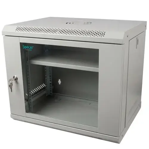 Cabinet 19″ SPACER 9U 500x400mm, fixare pe perete, Flatpack (dezasamblat), usa sticla cu blocare, panouri detasabile, otel 1mm, sarcina maxima 25Kg, contine un raft, Gri