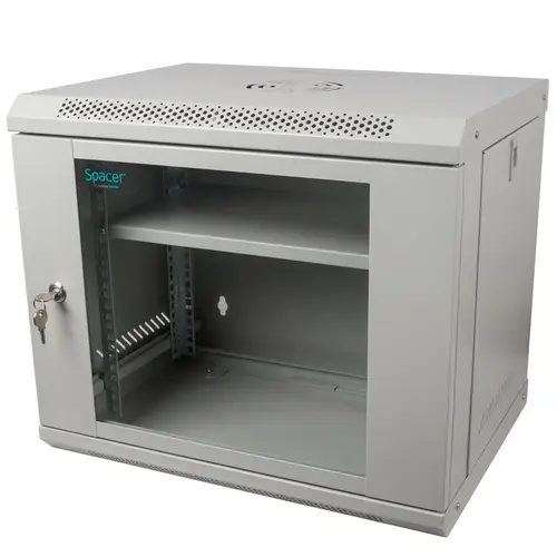 Cabinet 19″ SPACER 9U 500x400mm, fixare pe perete, Flatpack (dezasamblat), usa sticla cu blocare, panouri detasabile, otel 1mm, sarcina maxima 25Kg, contine un raft, Gri