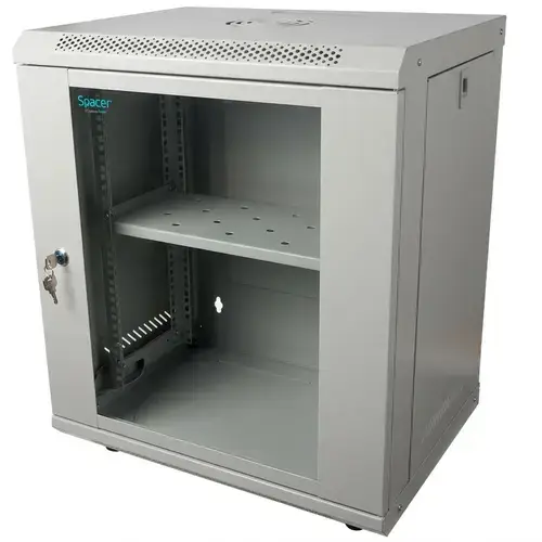 Cabinet 19″ SPACER 12U 500x400mm, fixare pe perete, Flatpack (dezasamblat), usa sticla cu blocare, panouri detasabile, otel 1mm, sarcina maxima 25Kg, contine un raft si roti, gri