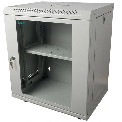 Cabinet 19″ SPACER 12U 500x400mm, fixare pe perete, Flatpack (dezasamblat), usa sticla cu blocare, panouri detasabile, otel 1mm, sarcina maxima 25Kg, contine un raft si roti, gri