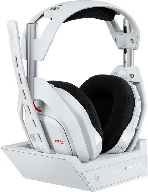 Casti Gaming Wireless Logitech ASTRO A50 Gen 5 + Statie cu PLAYSYNC Audio, LIGHTSPEED/USB, Autonomie 24 ore, Microfon, Multiplatforma (Alb)