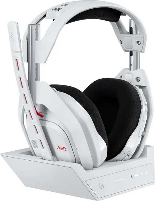 Casti Gaming Wireless Logitech ASTRO A50 Gen 5 + Statie cu PLAYSYNC Audio, LIGHTSPEED/USB, Autonomie 24 ore, Microfon, Multiplatforma (Alb)