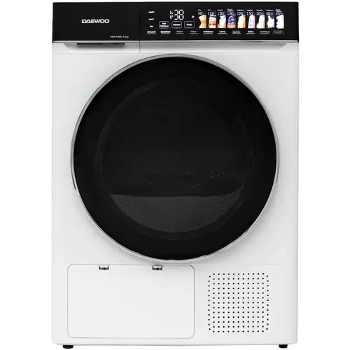 Uscator rufe Daewoo DDR-HS9E-1, 9 kg, pompa de caldura, clasa E, butoane touch, panou de control negru cu pictograme mari colorate, usa dubla neagra cu inel cromat (Alb)