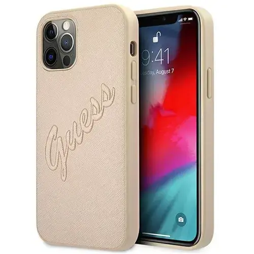 Husa Protectie Spate Guess Saffiano Vintage Script pentru iPhone 12 / 12 Pro (Auriu)