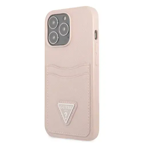 Protectie Spate Guess Saffiano Double Card pentru Apple iPhone 13 Pro (Roz)