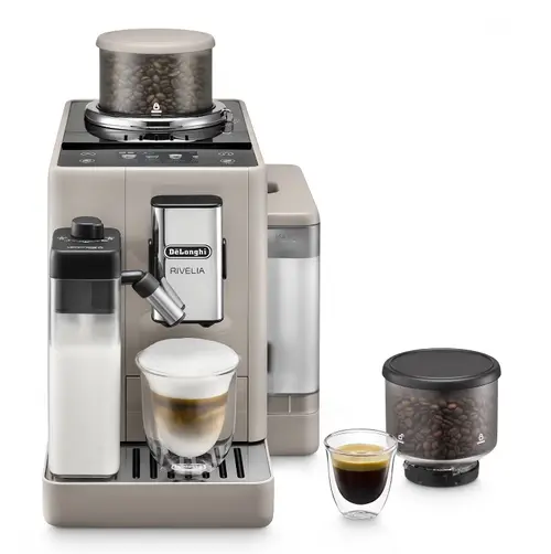 Espressor automat De'Longhi Rivelia EXAM440.55.BG, 1450 W, 19 bar, 1.4 l, Recipient boabe 2 x 250 g, Display tactil TFT 3.5inch, Tehnologia LatteCrema (Bej)