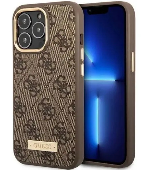 Protectie spate Guess 4G Logo Plate MagSafe pentru Apple iPhone 14 Pro (Maro)